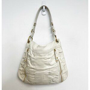 Cole Haan Ruched Cream Genuine Leather Hobo Shoulder Bag Gold accents Zipper